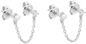 Pearl CZ Round Stud With Chain Cuff S925 Sterling Silver Earrings for Women Girls Cartilage Double Piercing Holes Fashion Chic Minimalist Climber Crawler Bead Threader Hypoallergenic Gifts