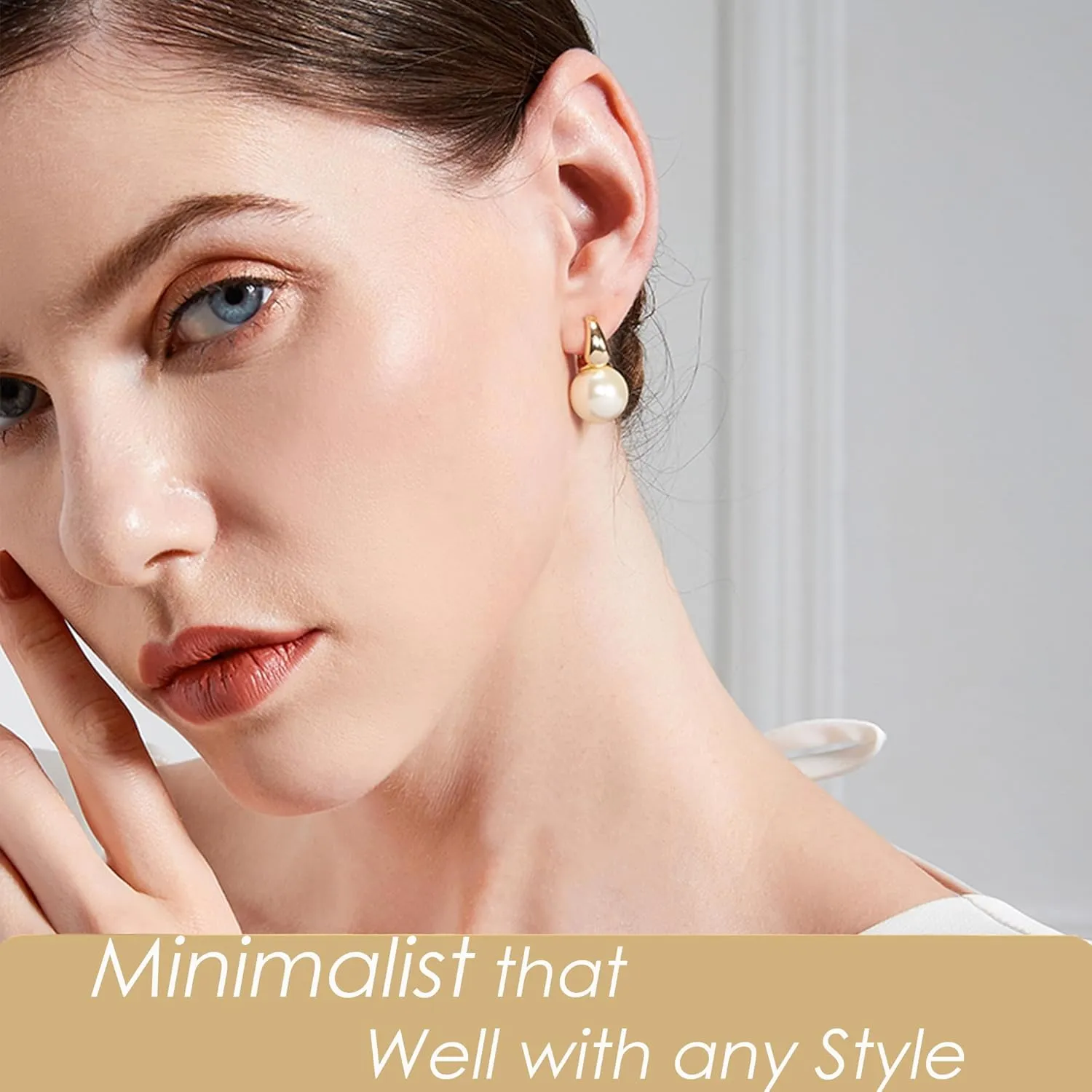 Pearl Drop Earrings, 14mm Elegant Big Pearl Earrings for Women, 14K Gold Plated Hoop Clasp, Pearl Dangle Earrings for Gift