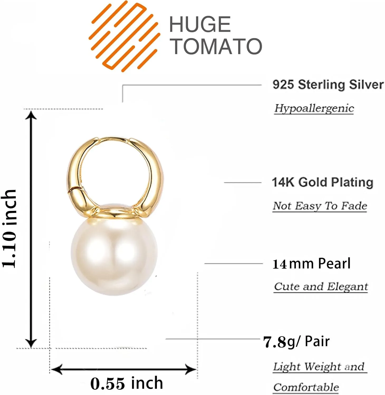 Pearl Drop Earrings, 14mm Elegant Big Pearl Earrings for Women, 14K Gold Plated Hoop Clasp, Pearl Dangle Earrings for Gift