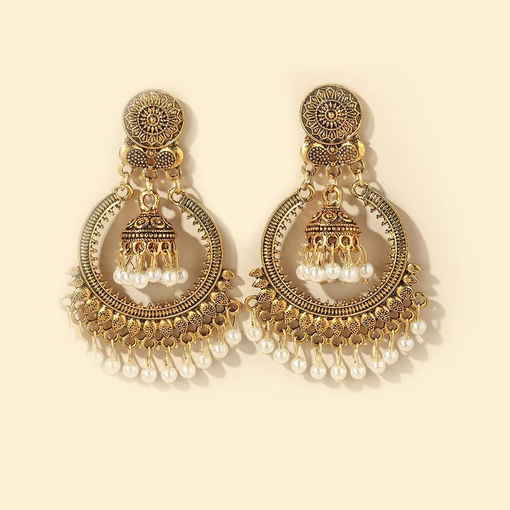 Pearl Hollow Circle Bead Tassel Dangle Drop Earrings for Women Boho Retro Indian Jhumki Bell Lightweight Dangling Flower Round Disc Stud Hypoallergenic Fashion Jewelry Gifts