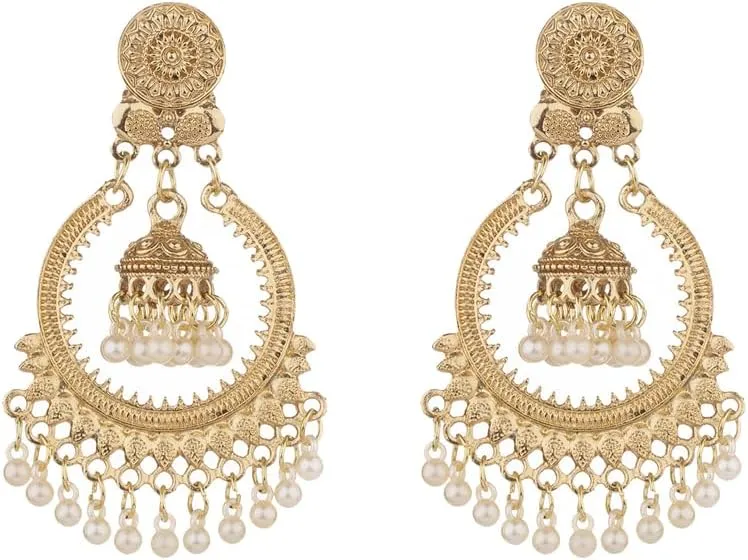 Pearl Hollow Circle Bead Tassel Dangle Drop Earrings for Women Boho Retro Indian Jhumki Bell Lightweight Dangling Flower Round Disc Stud Hypoallergenic Fashion Jewelry Gifts