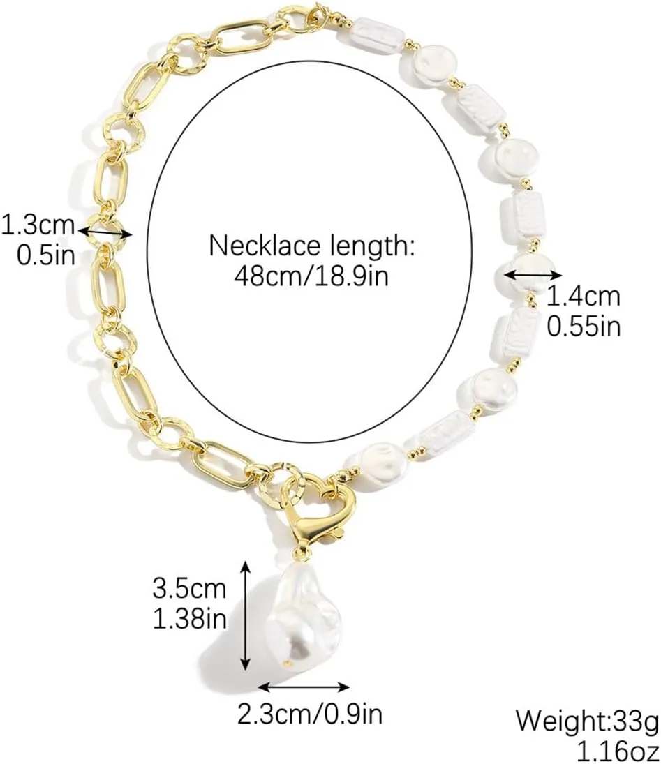 Pearl Necklace for Women Baroque Pearl Necklace Pearl Coin Pendant Necklace Irregular Pearl Necklace Pearl Chunky Necklace Heart Buckle Necklace Dainty Pearl Jewelry for Women