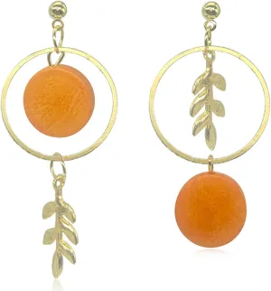 Personality Handmade Asymmetrical Round Wooden Earrings Fashionable leaf shape Drop Dangle Earrings For Women