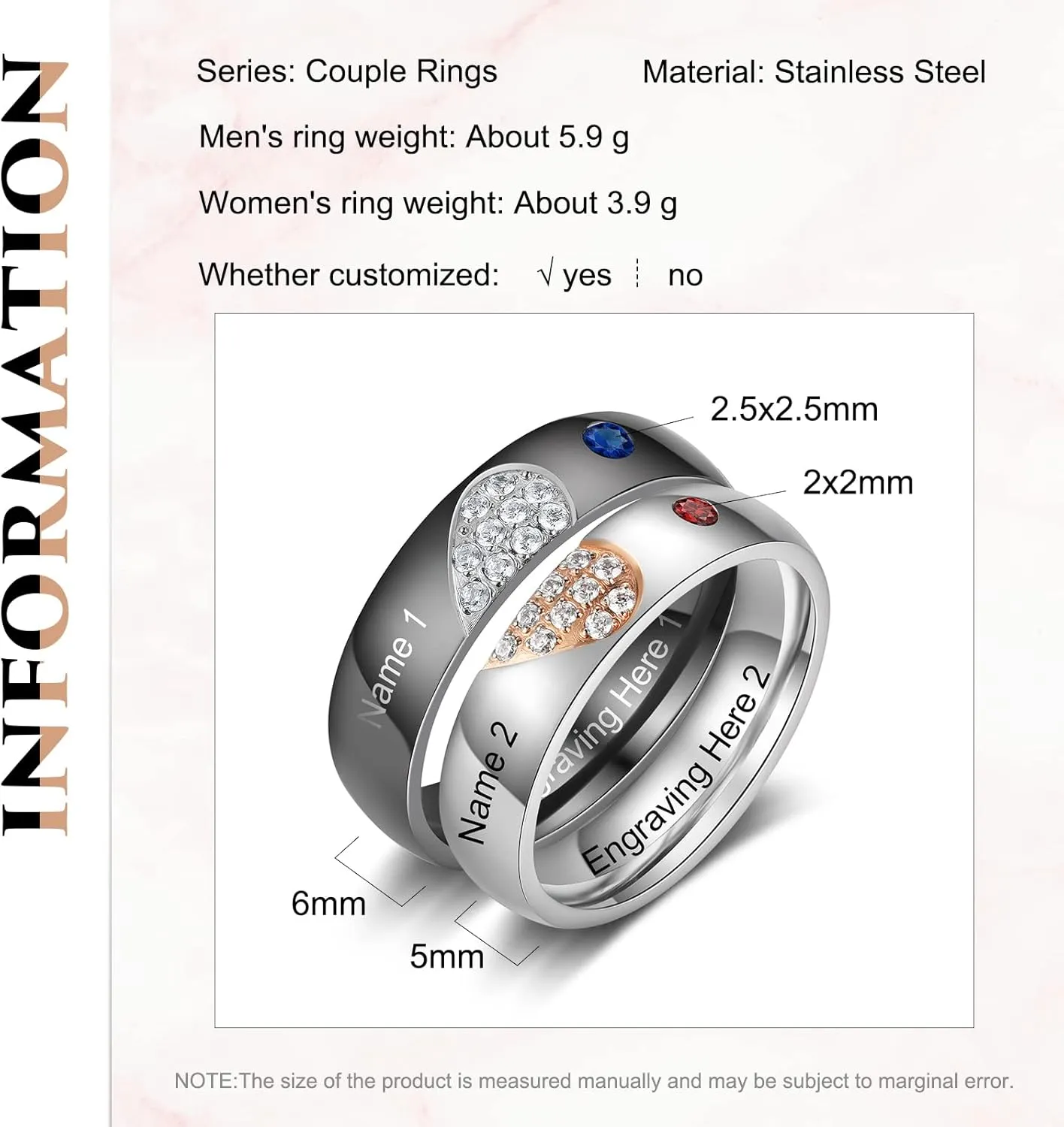 Personalized Couple Rings Set Promise Rings for Her and Him Custom Name Engraved Engagement Rings for Women Men Customized Gifts for Valentines Anniversary Wedding