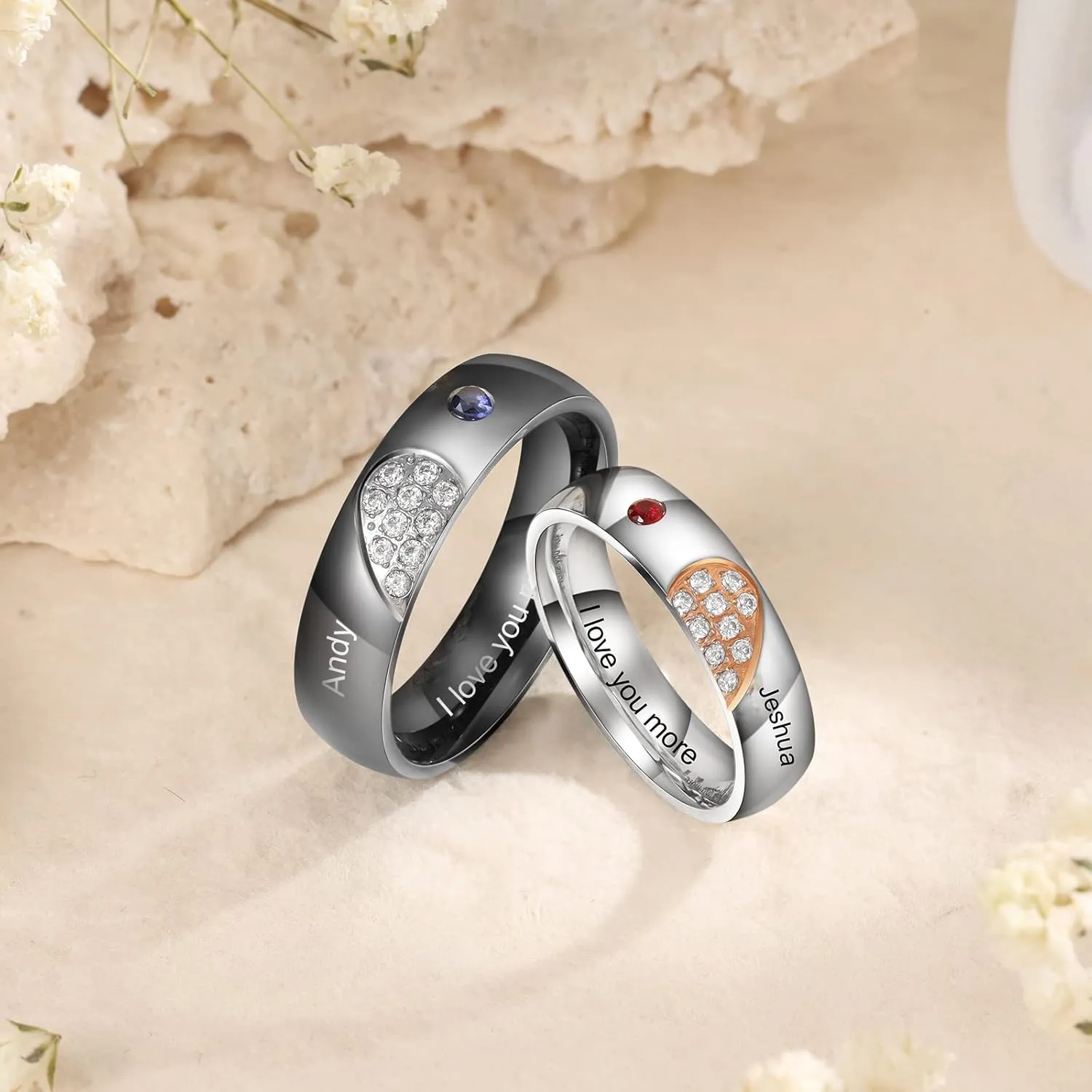 Personalized Couple Rings Set Promise Rings for Her and Him Custom Name Engraved Engagement Rings for Women Men Customized Gifts for Valentines Anniversary Wedding
