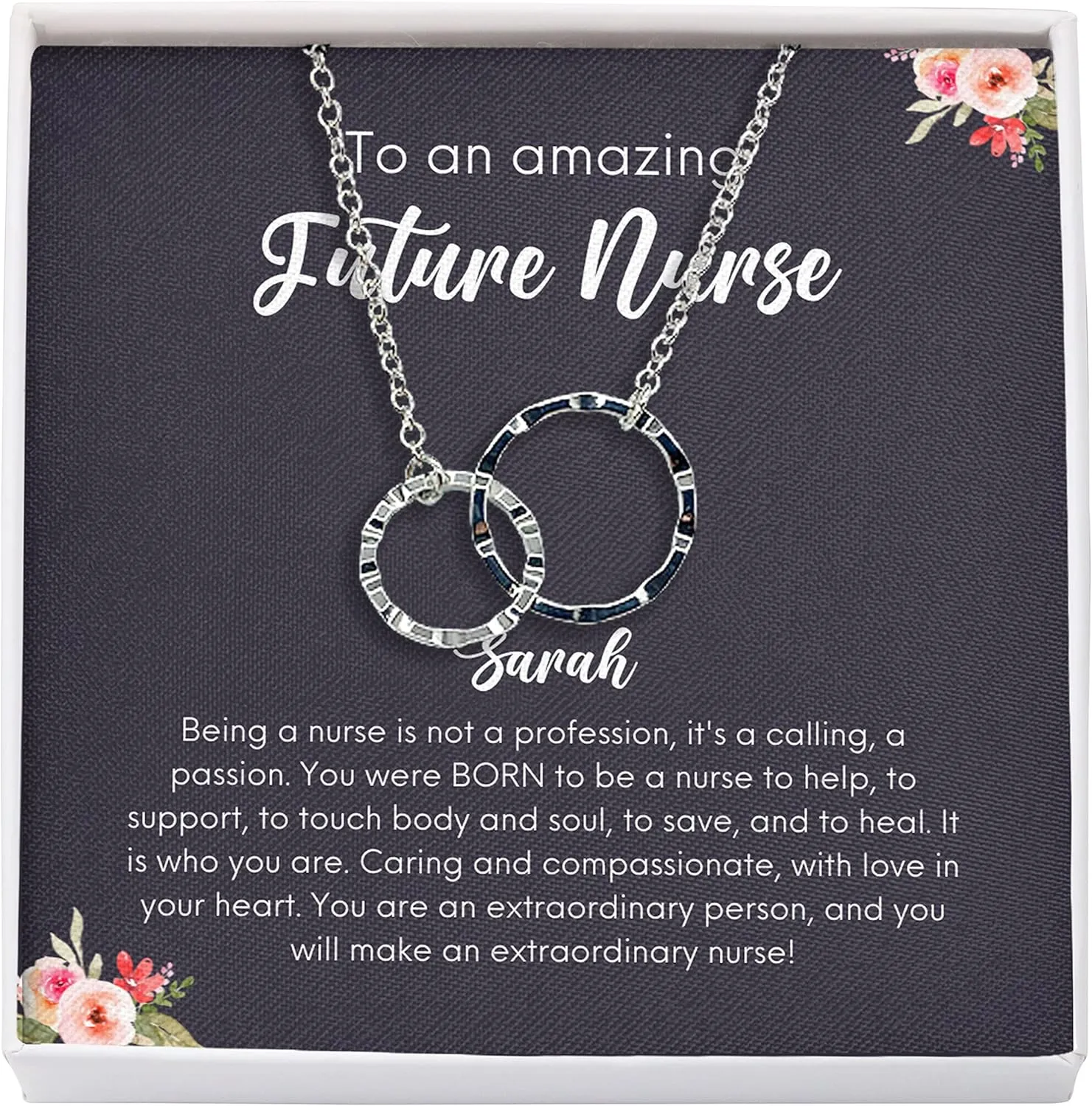 Personalized Nurse Necklace Silver Plated Interlocking Rings - to an Amazing Future Nurse - Custom Name Graduate for Registered Nurse RN CRNA