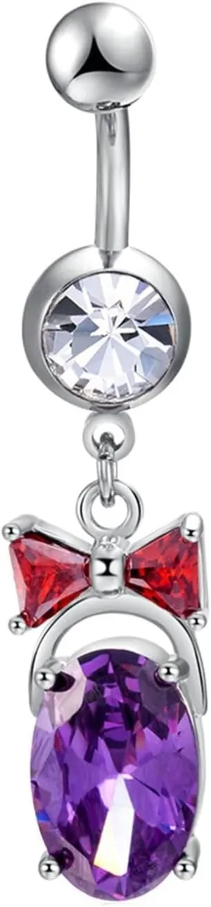 Piercing Jewelry for Women, Belly Button Ring Aesthetic Cubic Zirconia Purple Surgical Steel Bowknot Oval 5.44G for Women Body Piercing Jewelry