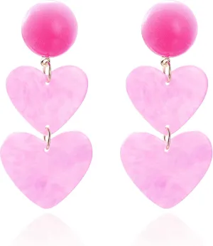 Pink Heart Earrings Chic Enamel Long Love Heart Letter Earrings for Women Teen Girls Trendy Three Love Heart Statement Earrings Fashion Pink Hollow Heart Dangle Earring Birthday Wedding Mother's Day Gift
