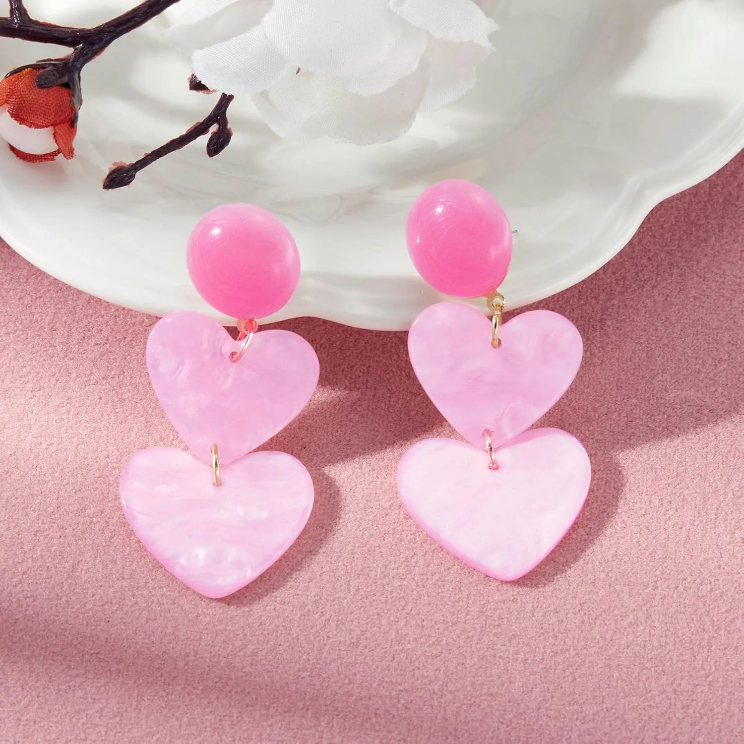 Pink Heart Earrings Chic Enamel Long Love Heart Letter Earrings for Women Teen Girls Trendy Three Love Heart Statement Earrings Fashion Pink Hollow Heart Dangle Earring Birthday Wedding Mother's Day Gift