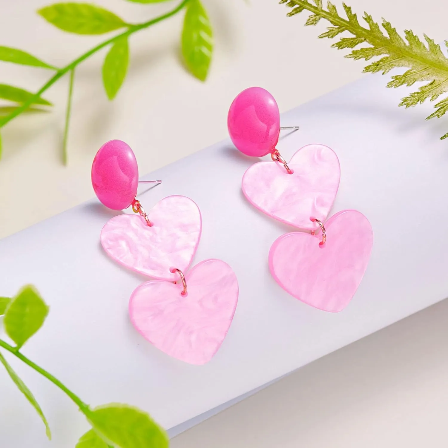 Pink Heart Earrings Chic Enamel Long Love Heart Letter Earrings for Women Teen Girls Trendy Three Love Heart Statement Earrings Fashion Pink Hollow Heart Dangle Earring Birthday Wedding Mother's Day Gift