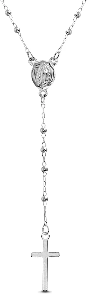 Polished 2mm Bead Cross 18 Inch Sterling Silver Rosary Necklace for Women