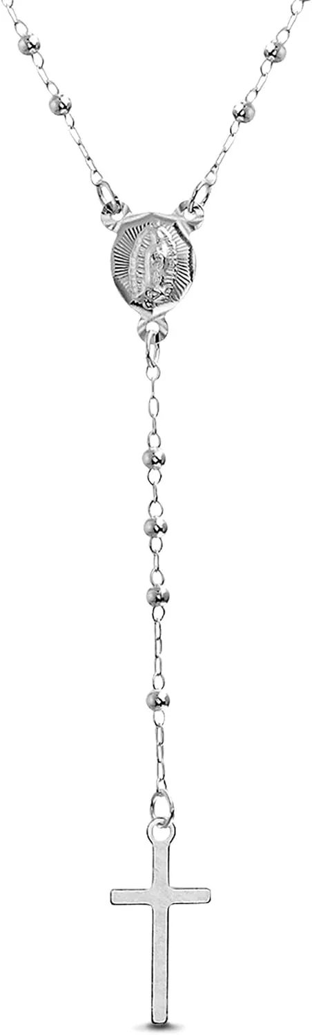 Polished 2mm Bead Cross 18 Inch Sterling Silver Rosary Necklace for Women