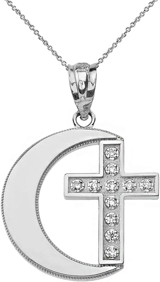Polished 925 Sterling Silver Crescent Moon CZ Cross Pendant Necklace
