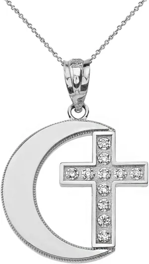 Polished 925 Sterling Silver Crescent Moon CZ Cross Pendant Necklace