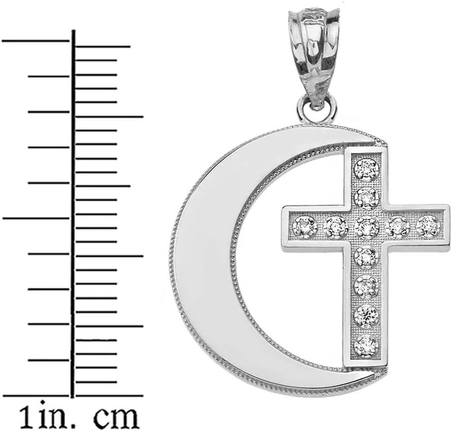 Polished 925 Sterling Silver Crescent Moon CZ Cross Pendant Necklace