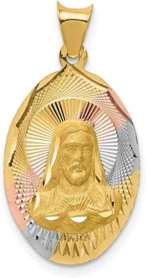 Polished Sagrado Corazon de Jesus Oval Medal Pendant in Real 14k Tri-Color Gold