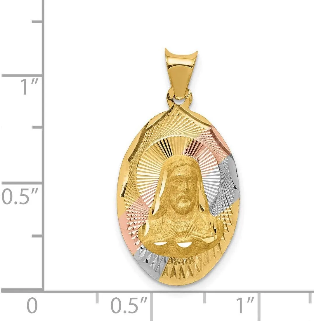 Polished Sagrado Corazon de Jesus Oval Medal Pendant in Real 14k Tri-Color Gold