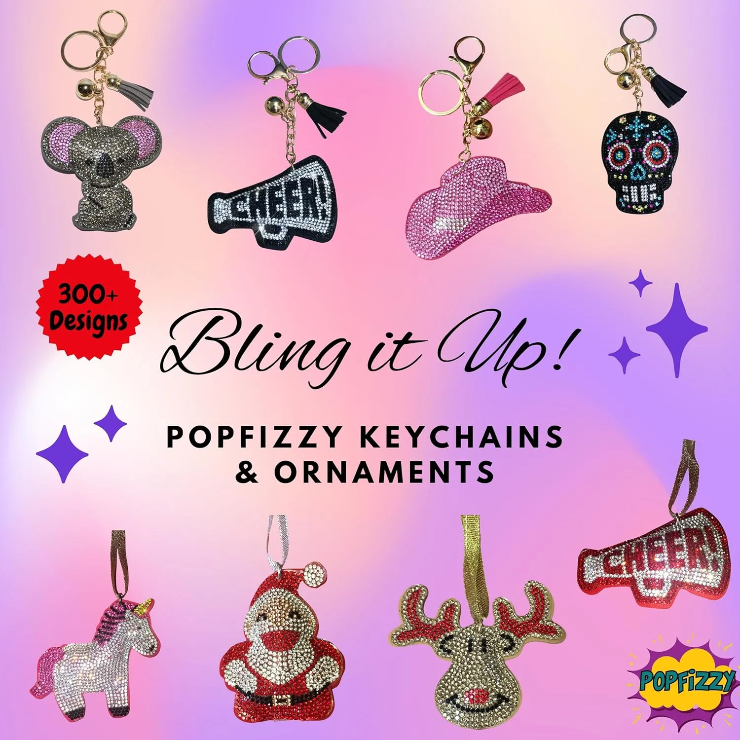 Popfizzy Rhinestone Keychain Accessories for Women: Purse Charms & Car Key Fob, Bag Keyring