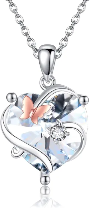 POPLYKE Butterfly Heart Necklaces for Women 925 Sterling Silver Birthstone Crystals Pendant Anniversary Jewelry for Women Mom Grandma Wife