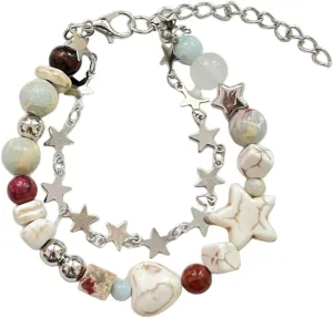 POYAMUSE Y2K Style Star Pearl Bead Link Chain Bracelet for Women Girls, Cool Fashionable Jewelry