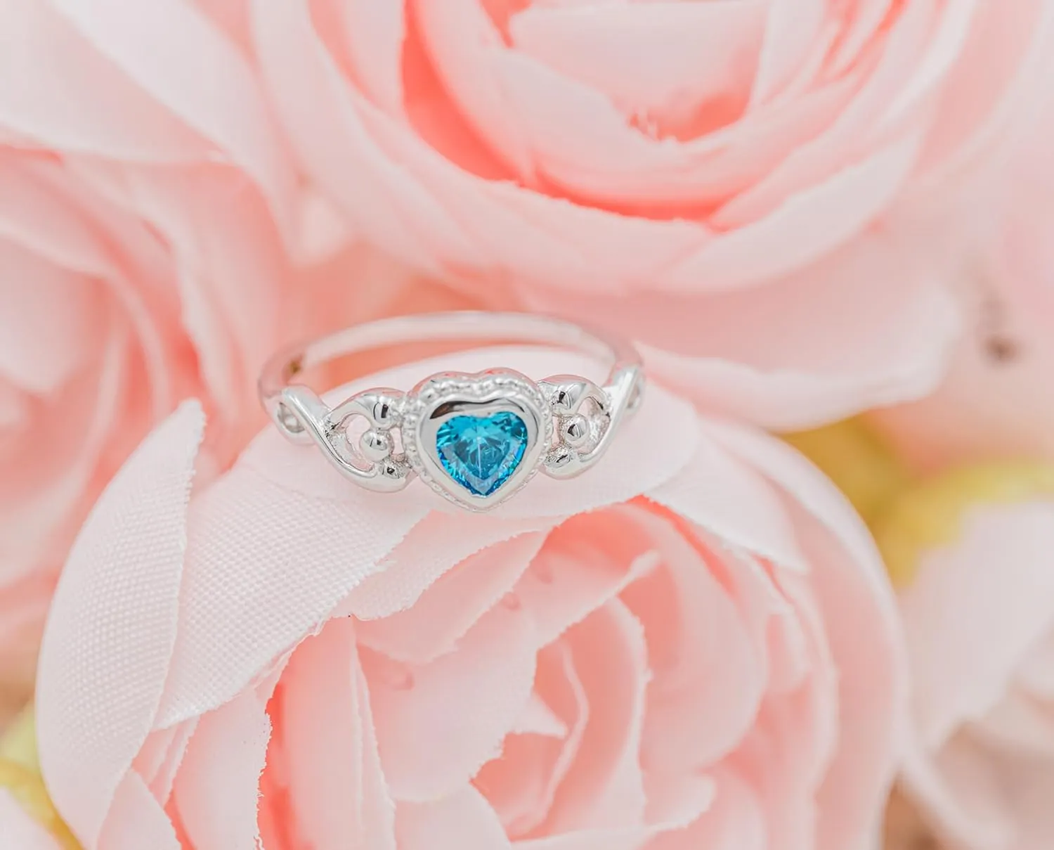 Precious Pieces Sterling Silver Simulated CZ Birthstone Baby Ring with Heart for little girls, Kids and Toddlers