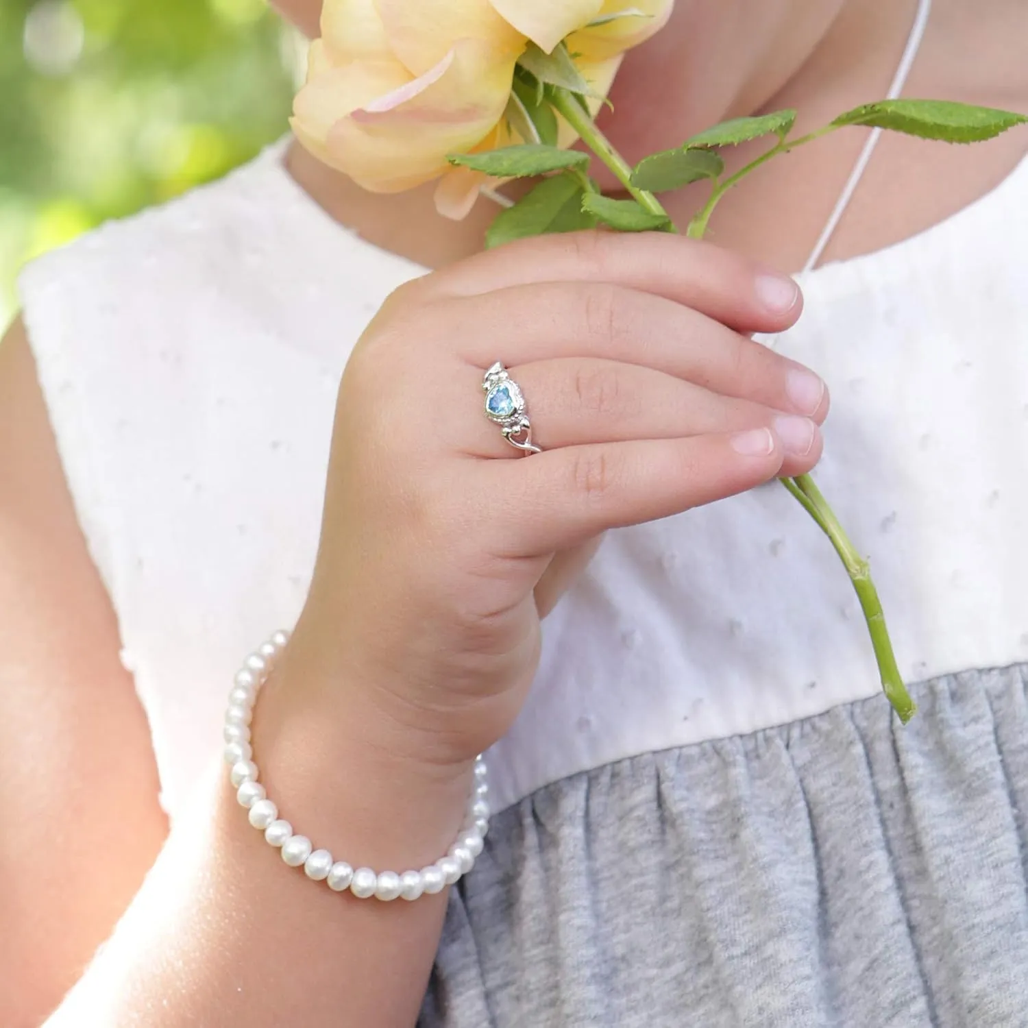 Precious Pieces Sterling Silver Simulated CZ Birthstone Baby Ring with Heart for little girls, Kids and Toddlers
