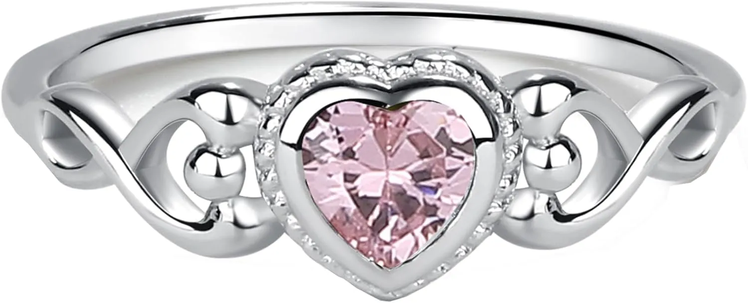 Precious Pieces Sterling Silver Simulated CZ Birthstone Baby Ring with Heart for little girls, Kids and Toddlers