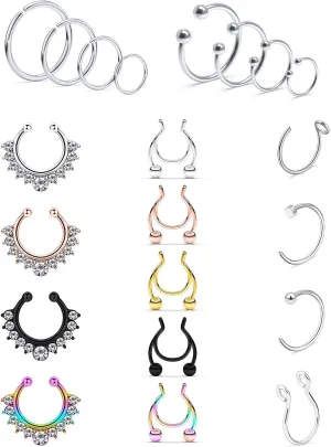 Prjndjw Fake Septum Nose Hoop Rings Stainless Steel Faux Lip Ear Nose Septum Ring Non Piercing Clip On Nose Hoop Rings Body Piercing Jewelry 24/21PCS Women Men