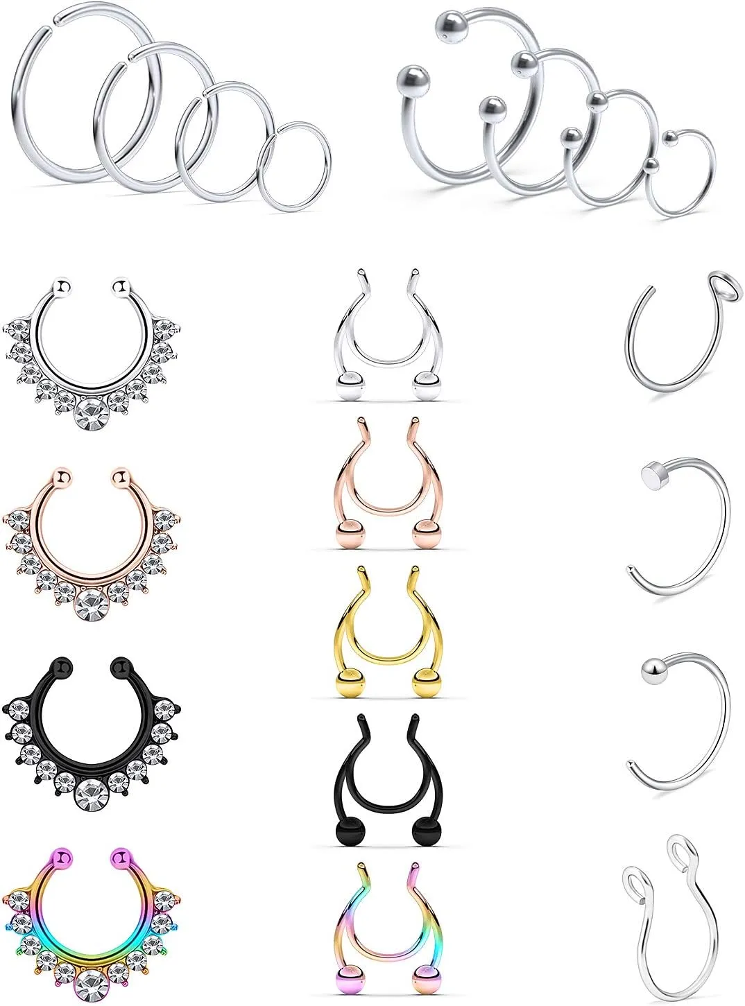 Prjndjw Fake Septum Nose Hoop Rings Stainless Steel Faux Lip Ear Nose Septum Ring Non Piercing Clip On Nose Hoop Rings Body Piercing Jewelry 24/21PCS Women Men