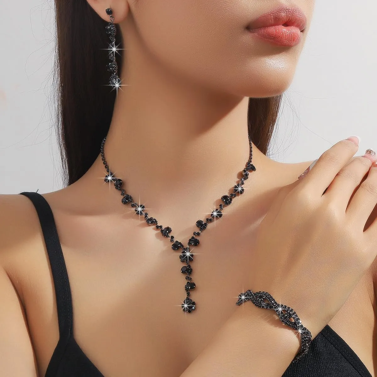 Prom Earrings Necklace Bracelet Set Elegant Crystal Necklace Earrings Bracelet Bridal Wedding Prom Costume Jewelry Sets for Women