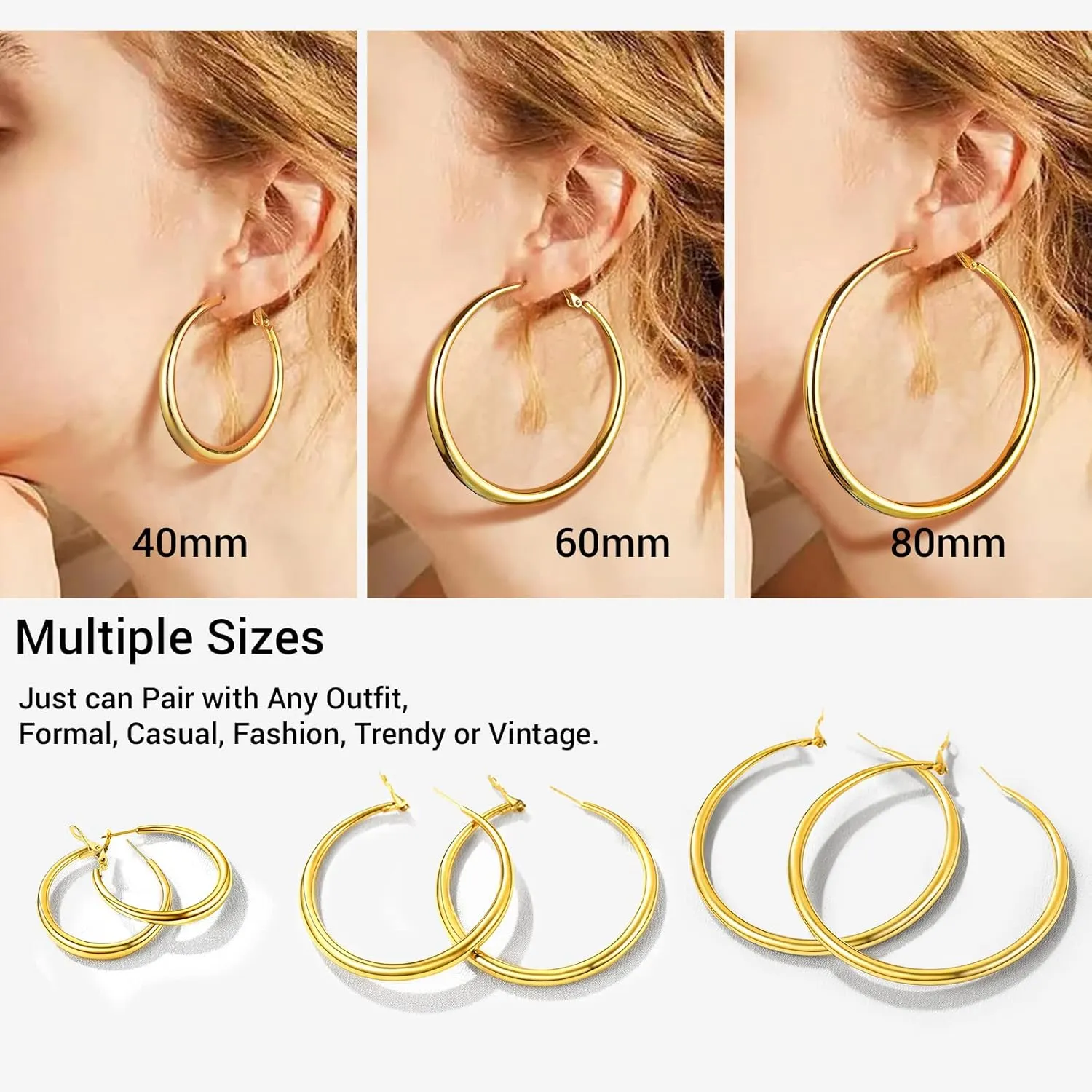 PROSTEEL Chunky Hoop Earrings for Women, 316L Stainless Steel Hoop, Minimalist And Chic Jewelry, Silver/14K Gold/Black, Hypoallergenic for Sensitive Skin, Size: 30/40mm/60mm/80mm, Come with Box