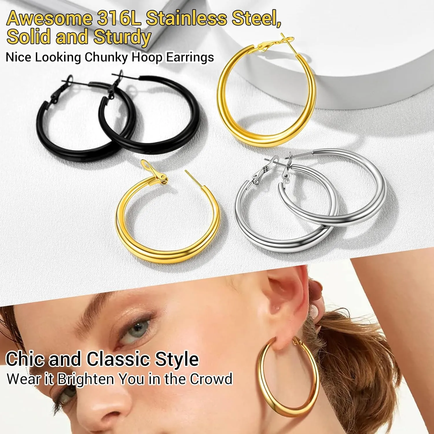 PROSTEEL Chunky Hoop Earrings for Women, 316L Stainless Steel Hoop, Minimalist And Chic Jewelry, Silver/14K Gold/Black, Hypoallergenic for Sensitive Skin, Size: 30/40mm/60mm/80mm, Come with Box