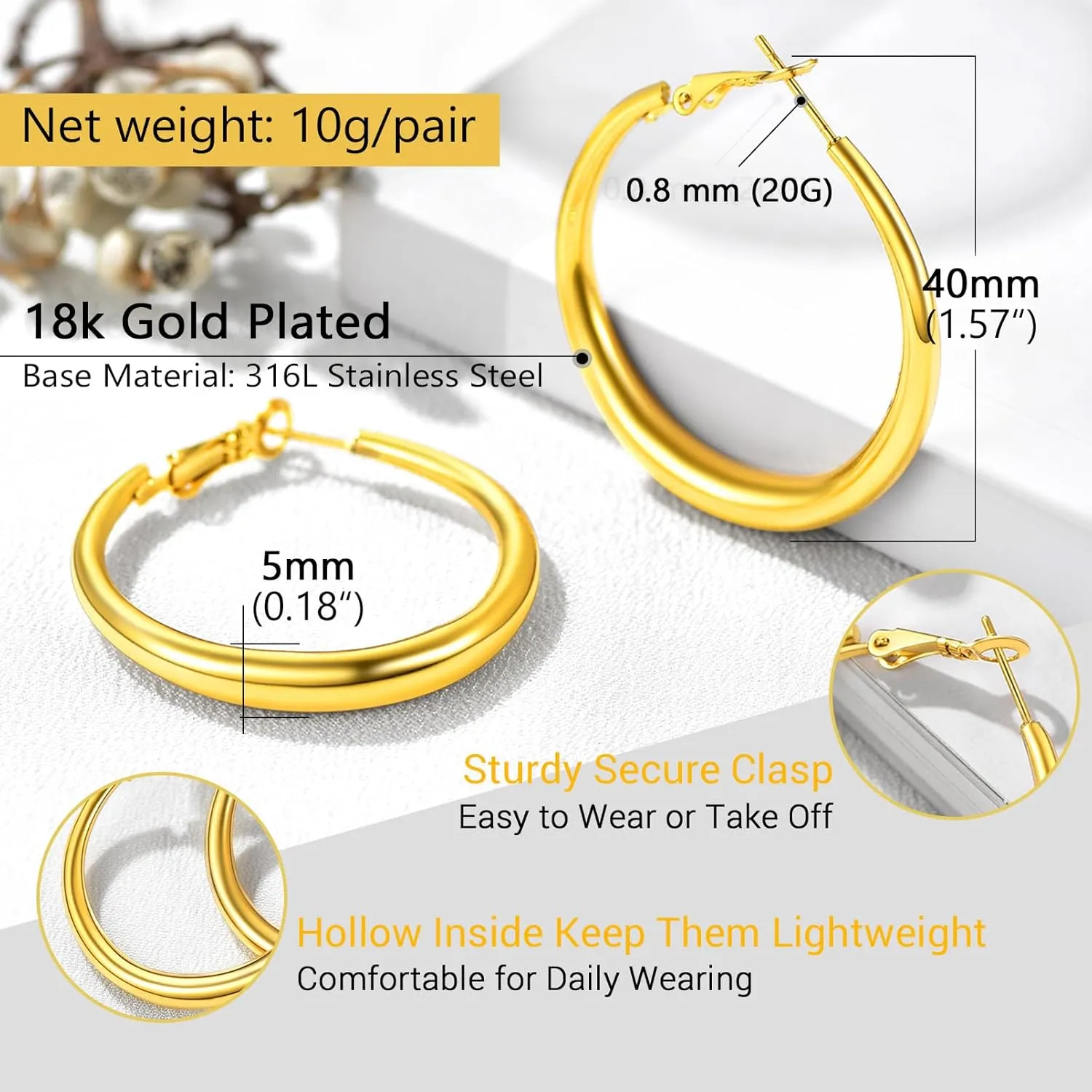 PROSTEEL Chunky Hoop Earrings for Women, 316L Stainless Steel Hoop, Minimalist And Chic Jewelry, Silver/14K Gold/Black, Hypoallergenic for Sensitive Skin, Size: 30/40mm/60mm/80mm, Come with Box