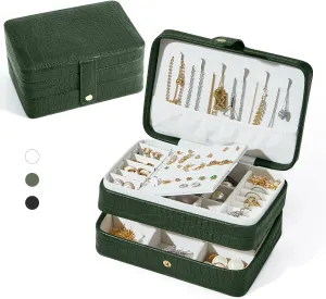 PU Leather Travel Jewelry Organizer Case for Women & Girls, 2-Layer Portable Jewelry Box for Earrings, Rings, Necklaces, Bracelets, Compact Jewelry Storage (Green)