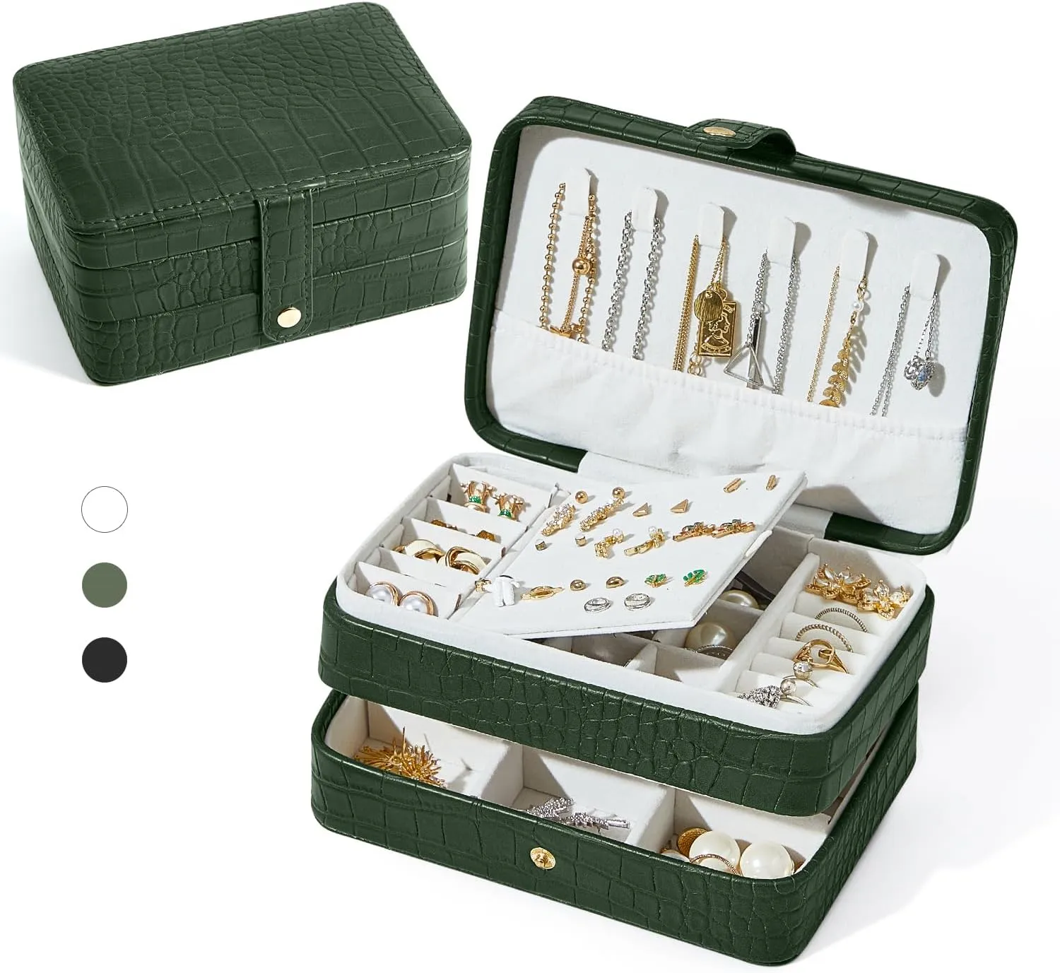 PU Leather Travel Jewelry Organizer Case for Women & Girls, 2-Layer Portable Jewelry Box for Earrings, Rings, Necklaces, Bracelets, Compact Jewelry Storage (Green)