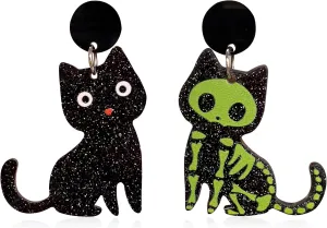 Punk Creative Cute Acrylic Black Cat Skull Skeleton Dangle Drop Earrings Chic Lovely Animal Hook Earrings for Women Statement Jewelry Halloween