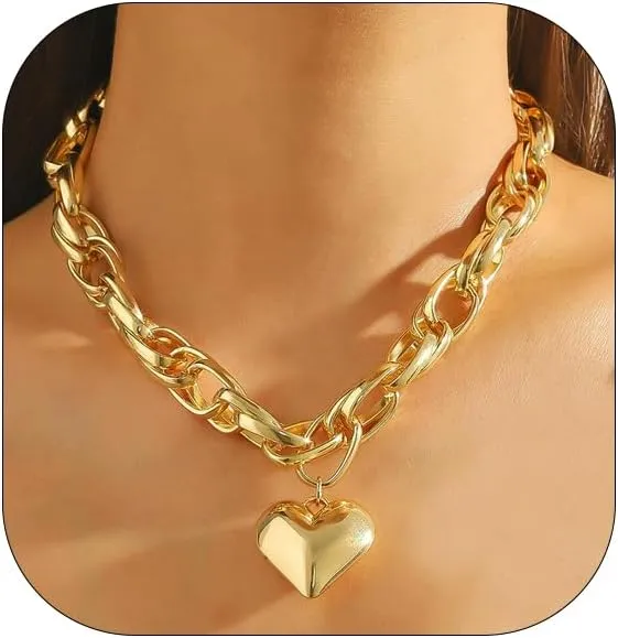 Punk Love Heart Pendant Choker Necklace Peach Hearts Chunky Chain Necklaces Vintage Thick Clavicle Necklace Statement Jewelry Gifts for Women