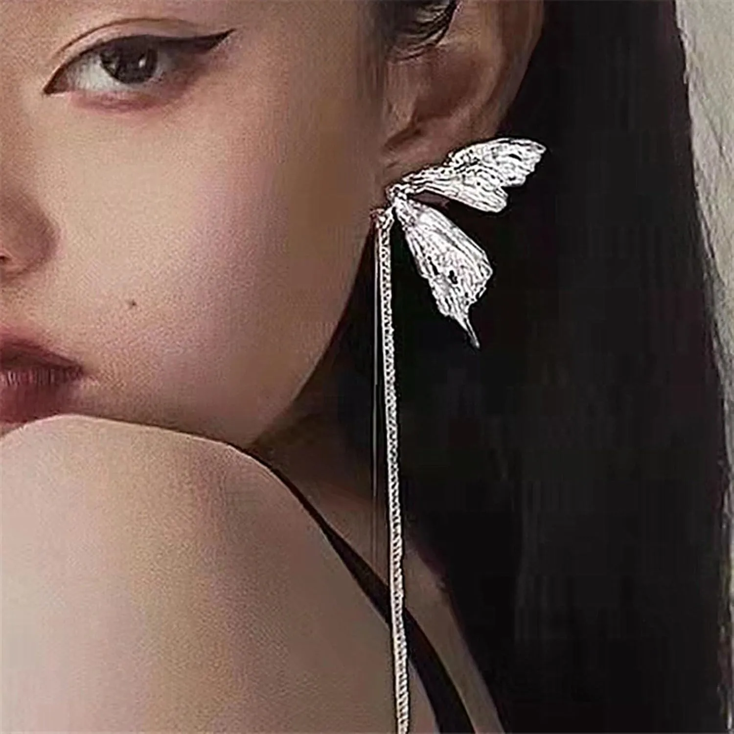 Purple Crystal Butterfly Tassel Earrings for Women,Dainty Vivid Pearl Butterfly Drop Dangle Earrings 3D Long Insect Fairy Earrings Fashion Party Jewelry