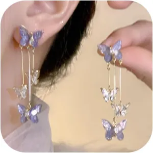 Purple Crystal Butterfly Tassel Earrings for Women,Dainty Vivid Pearl Butterfly Drop Dangle Earrings 3D Long Insect Fairy Earrings Fashion Party Jewelry