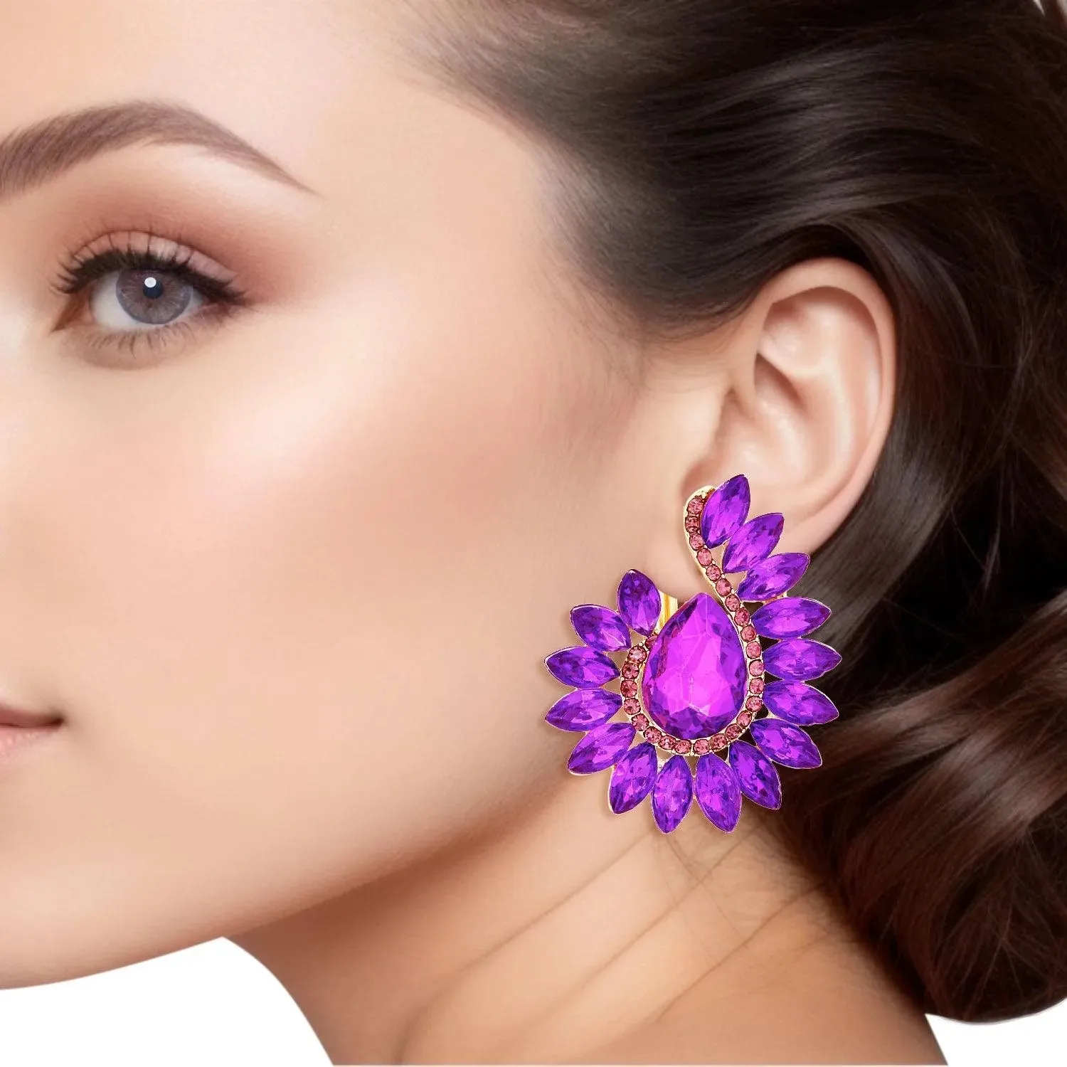 Purple Teardrop Center Clip On Pageant Earrings for Elegant Style