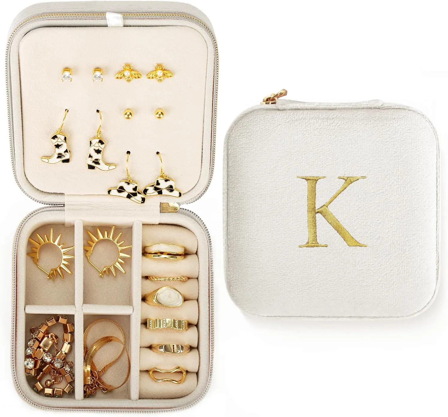 Quatish Initial Travel Jewelry Case, Jewelry Travel Organizer Christmas Gift for Teen Girls, Portable Small Jewelry Box for Women, Mini Velvet Jewelry Case for Traveling