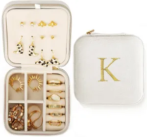 Quatish Initial Travel Jewelry Case, Jewelry Travel Organizer Christmas Gift for Teen Girls, Portable Small Jewelry Box for Women, Mini Velvet Jewelry Case for Traveling