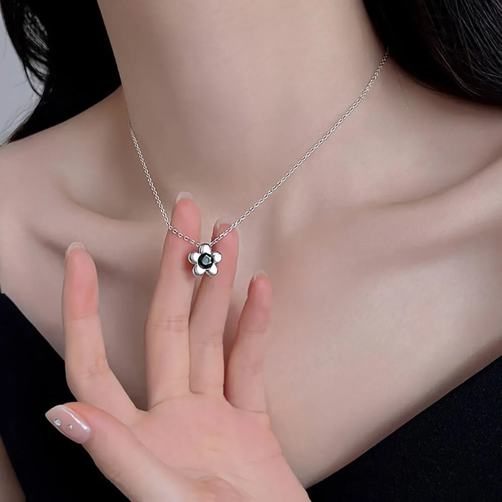 Reffeer Solid 925 Sterling Silver Black CZ Flower Necklace Choker for Women Teens Dainty Daisy Pendant Necklace