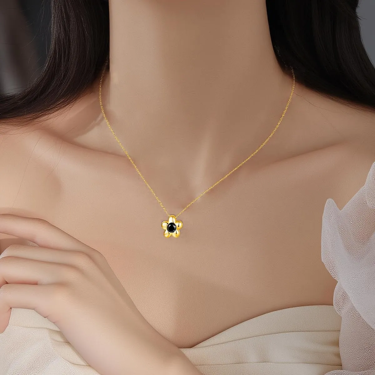 Reffeer Solid 925 Sterling Silver Black CZ Flower Necklace Choker for Women Teens Dainty Daisy Pendant Necklace