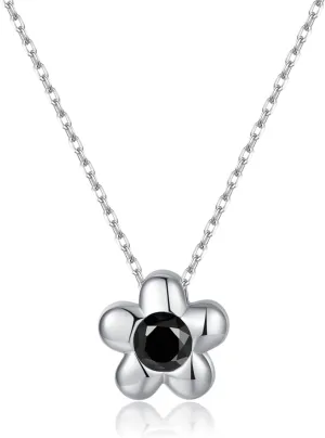 Reffeer Solid 925 Sterling Silver Black CZ Flower Necklace Choker for Women Teens Dainty Daisy Pendant Necklace