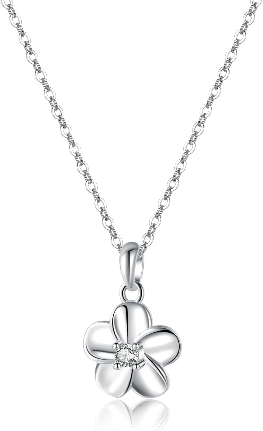 Reffeer Solid 925 Sterling Silver CZ Plumeria Flower Necklace Choker for Women Teens Flower Pendant Necklace