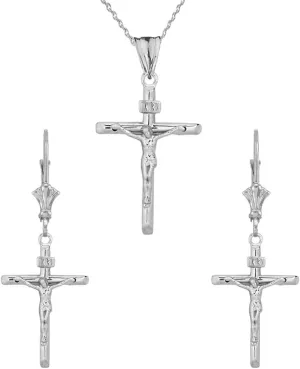 Religious Jewelry Elegant Sterling Silver Crucifix Cross (INRI) Pendant Necklace and Earrings Set