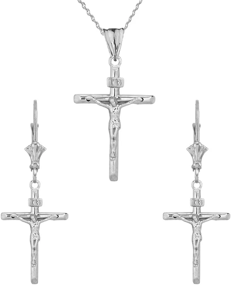 Religious Jewelry Elegant Sterling Silver Crucifix Cross (INRI) Pendant Necklace and Earrings Set
