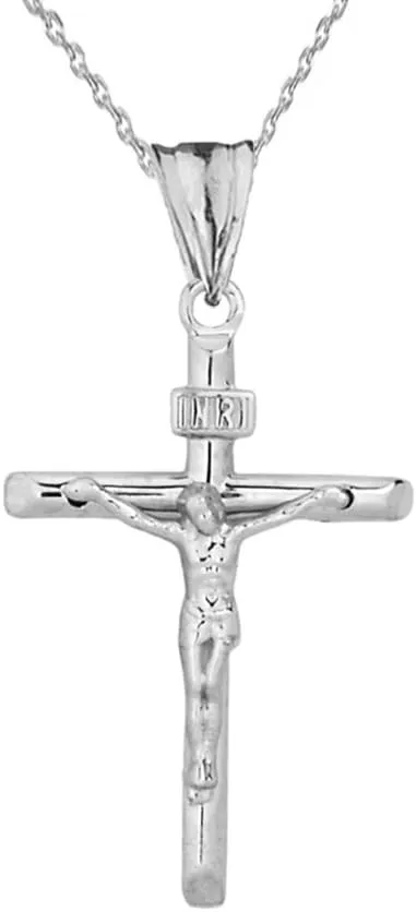 Religious Jewelry Elegant Sterling Silver Crucifix Cross (INRI) Pendant Necklace and Earrings Set