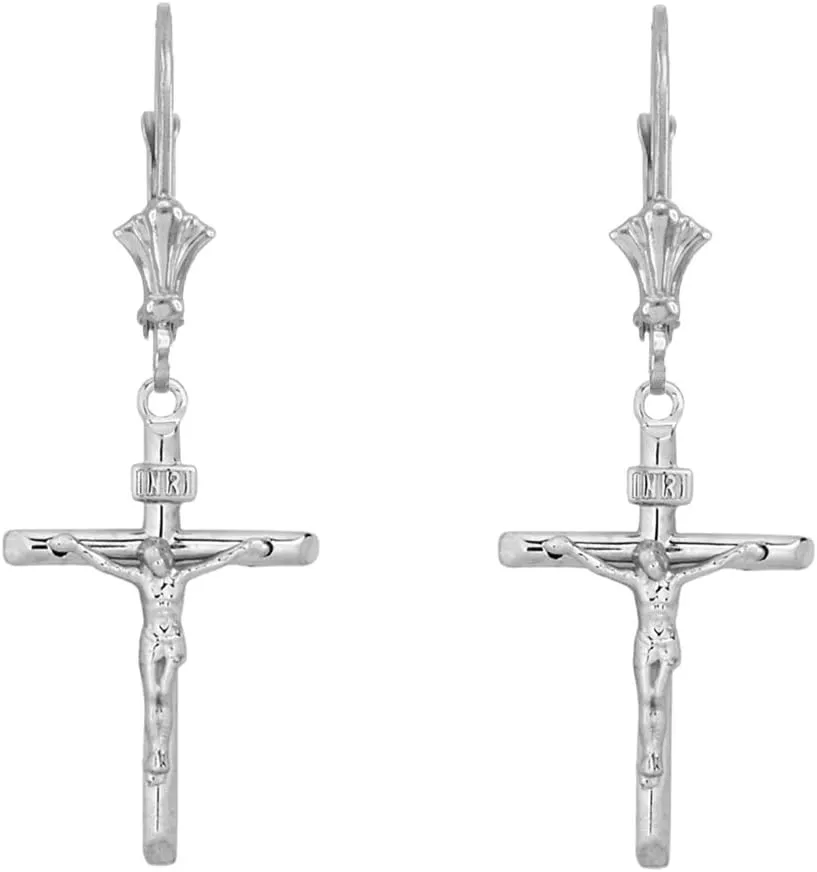 Religious Jewelry Elegant Sterling Silver Crucifix Cross (INRI) Pendant Necklace and Earrings Set